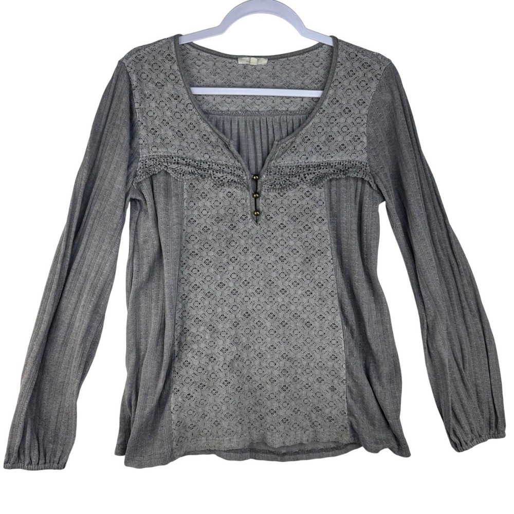 Mystree Womens Grey Boho Lace Trim Long Sleeve Knit Top Large Brass Buttons